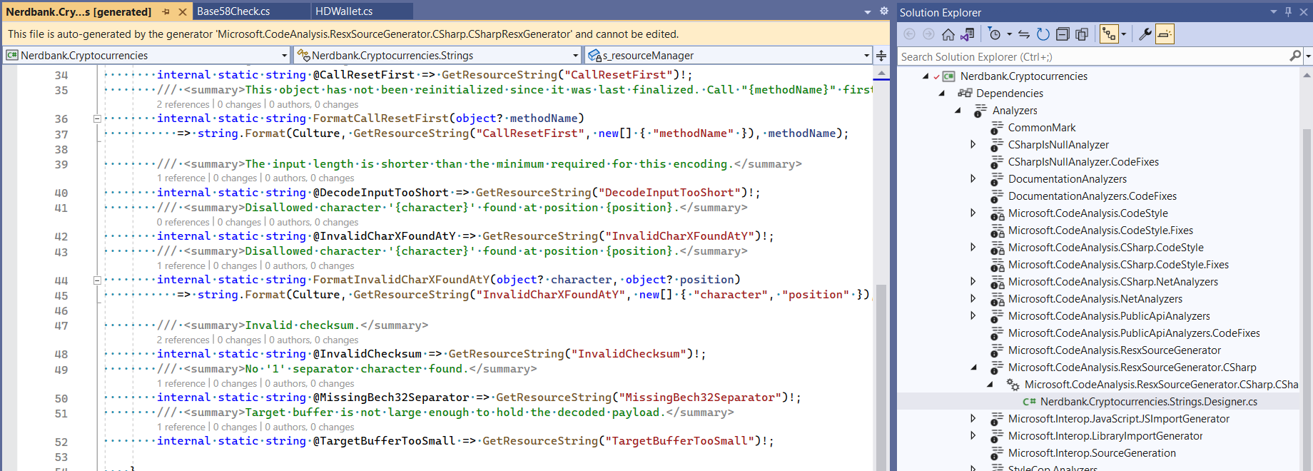 A screenshot of Visual Studio showing the source generated file that supports a .resx file.
