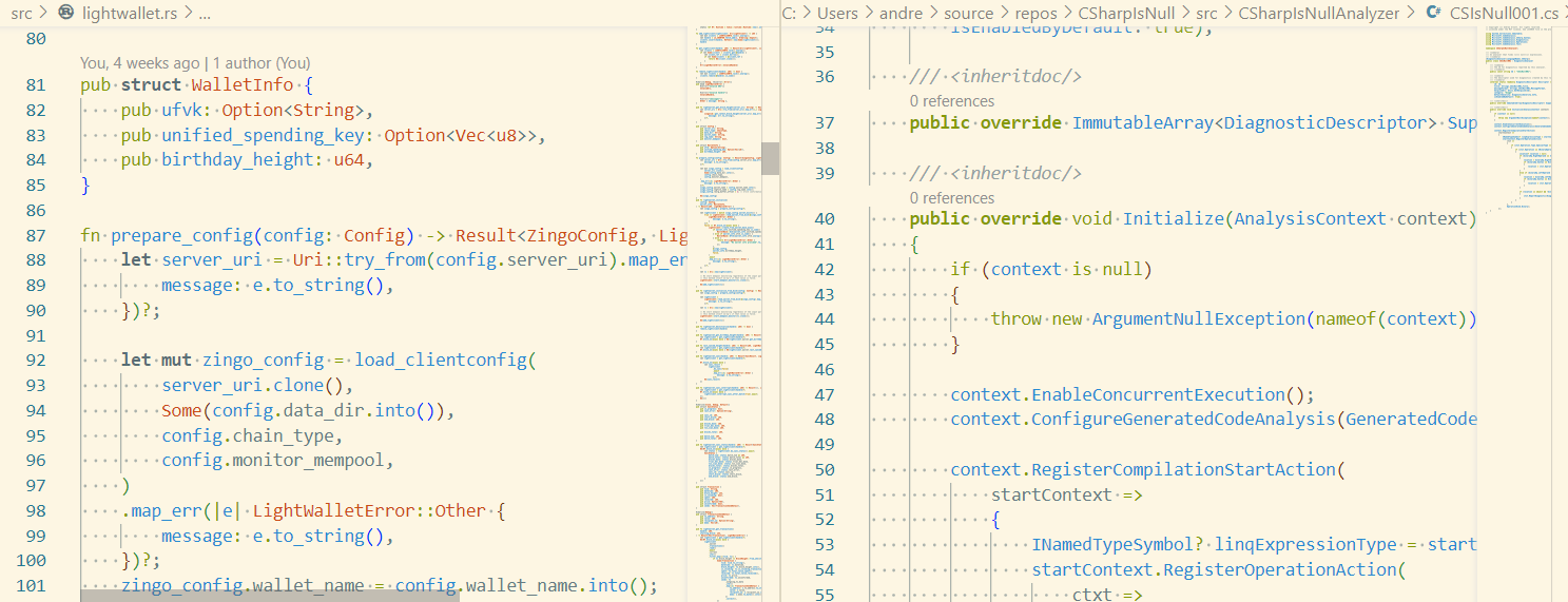 A split editor showing rust and C# code side by side.