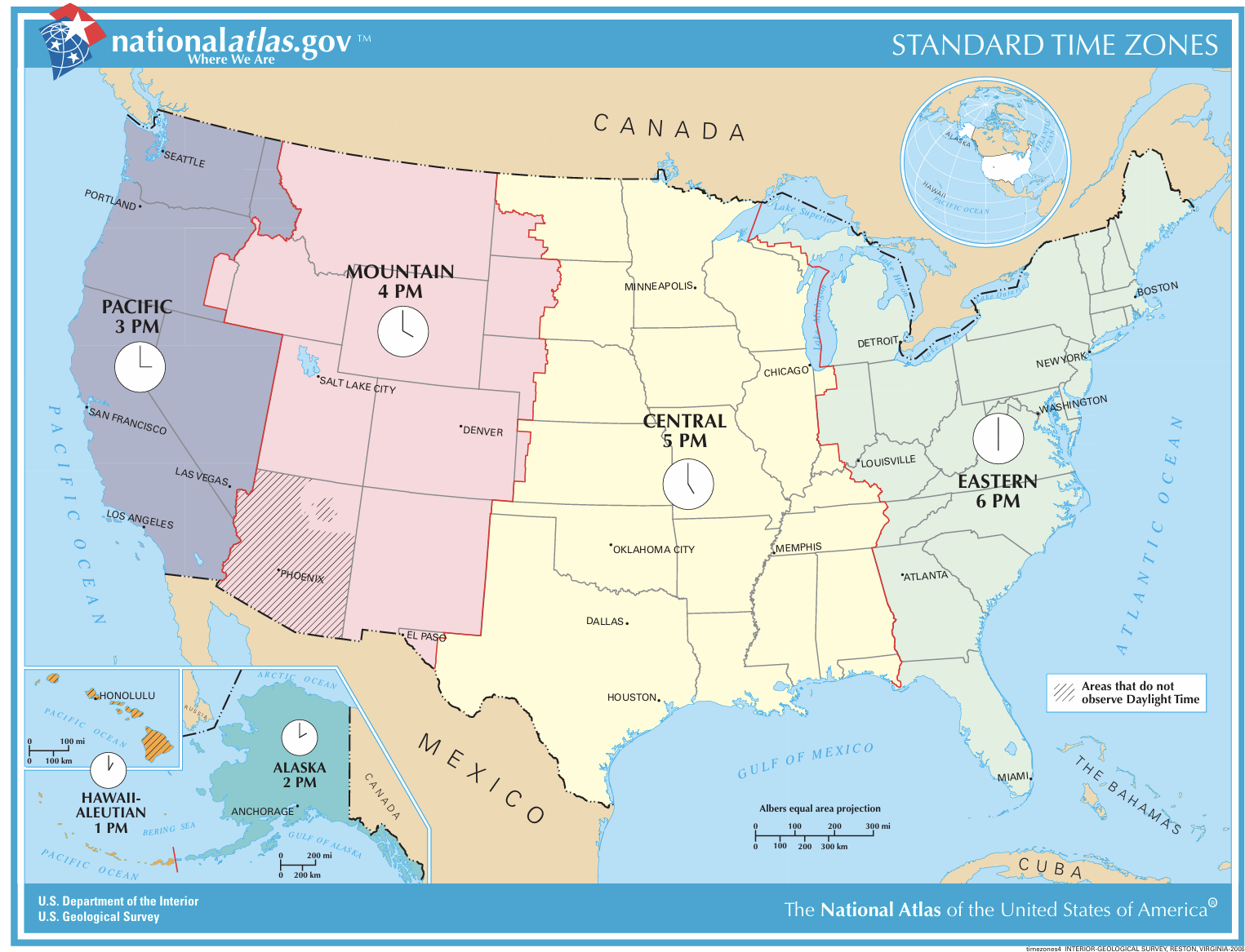 An illustration of the USA, time zones, and states that honor daylight savings time.